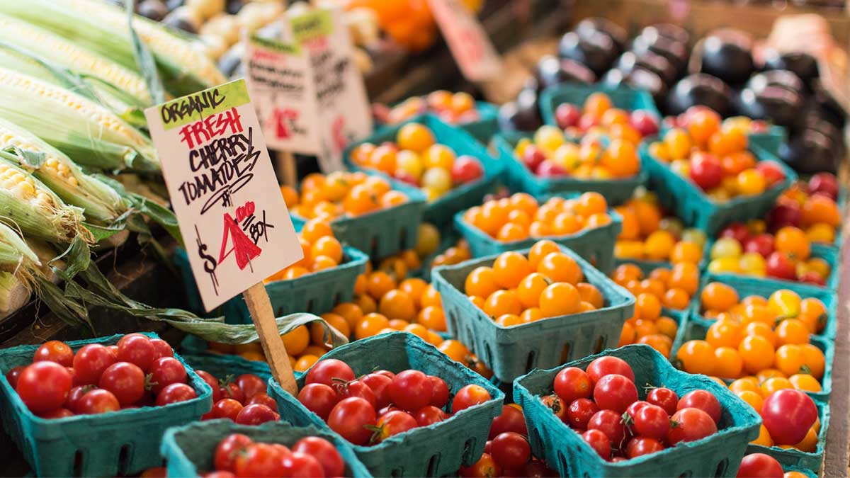 close up of cherry tomatoes at farmers market